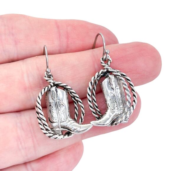 Vintage RAMA Sterling Silver 925 Cowboy Boot Lasso Dangle Earrings - Picture 1 of 9